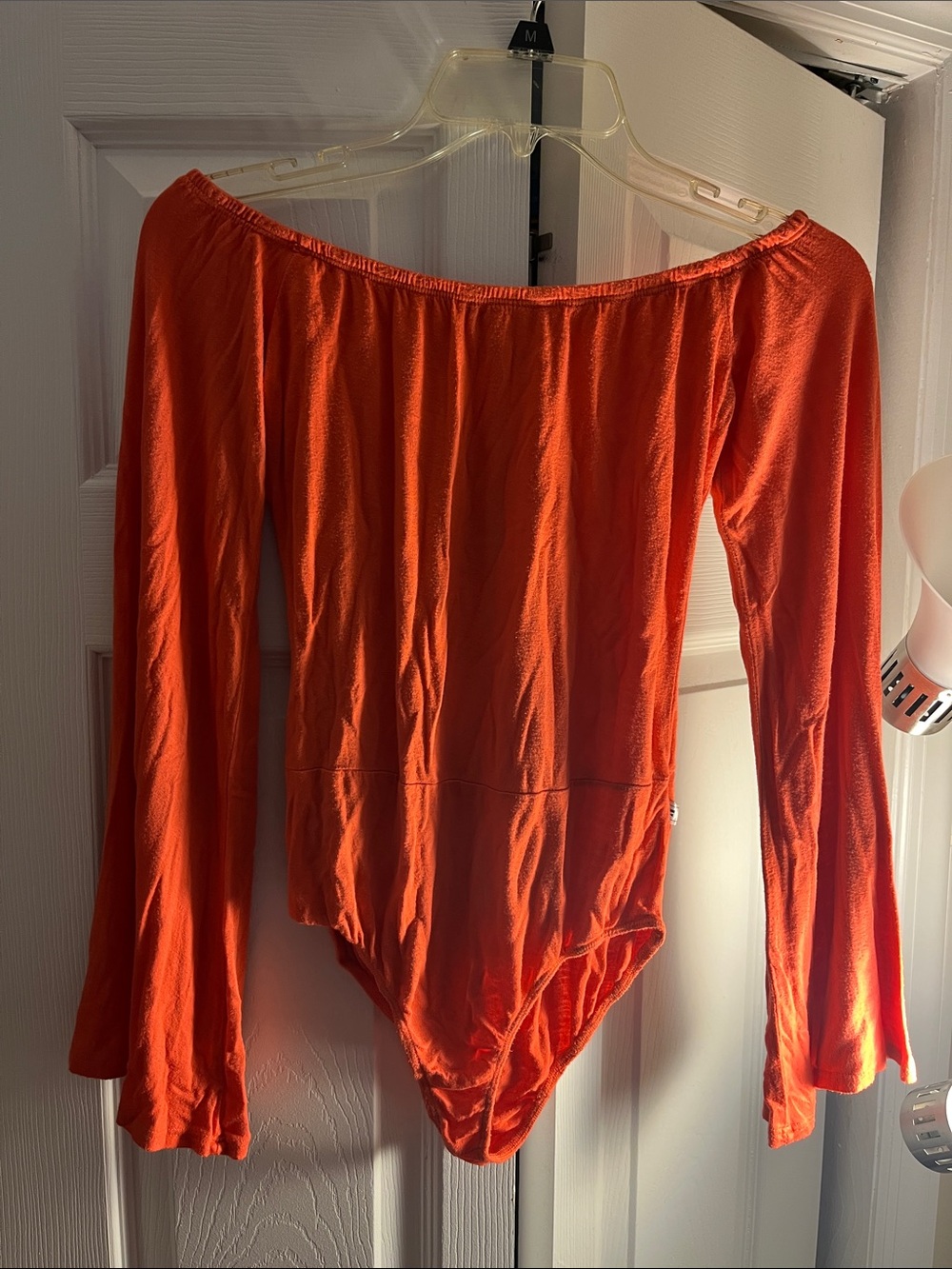 Women’s NYTT Off-the-Shoulder Coral Long Sleeve Bodysuit with Flare sleeves